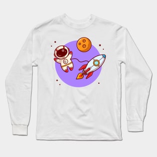 Cute Astronaut Floating With Rocket On Space Cartoon Vector Icon Illustration Long Sleeve T-Shirt